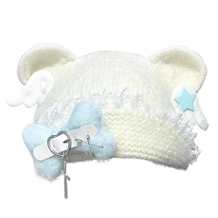 Warm Blue Bear Hat with Ear Furry Caps Cartoon Ear Hat Solid Color Wing Winter Plush Hat for Casual Wear