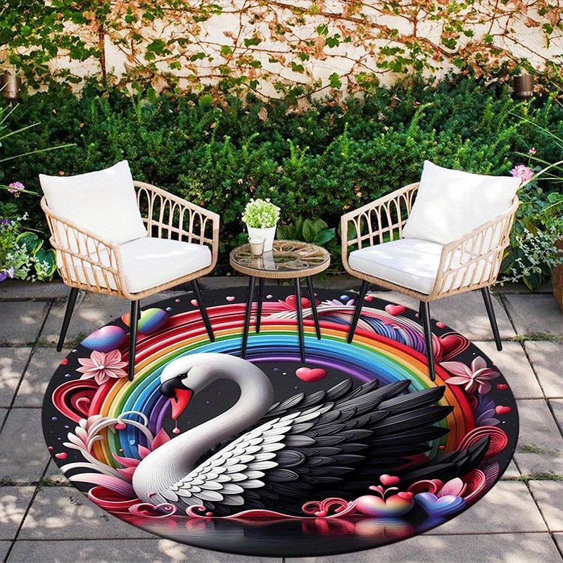 1pc Soft, Absorbent & Non Slip Rainbow and White Swan Round Rug Soft Circle Rug for Living Room & Bedroom Decor, Chair Mats, and Unforgettab