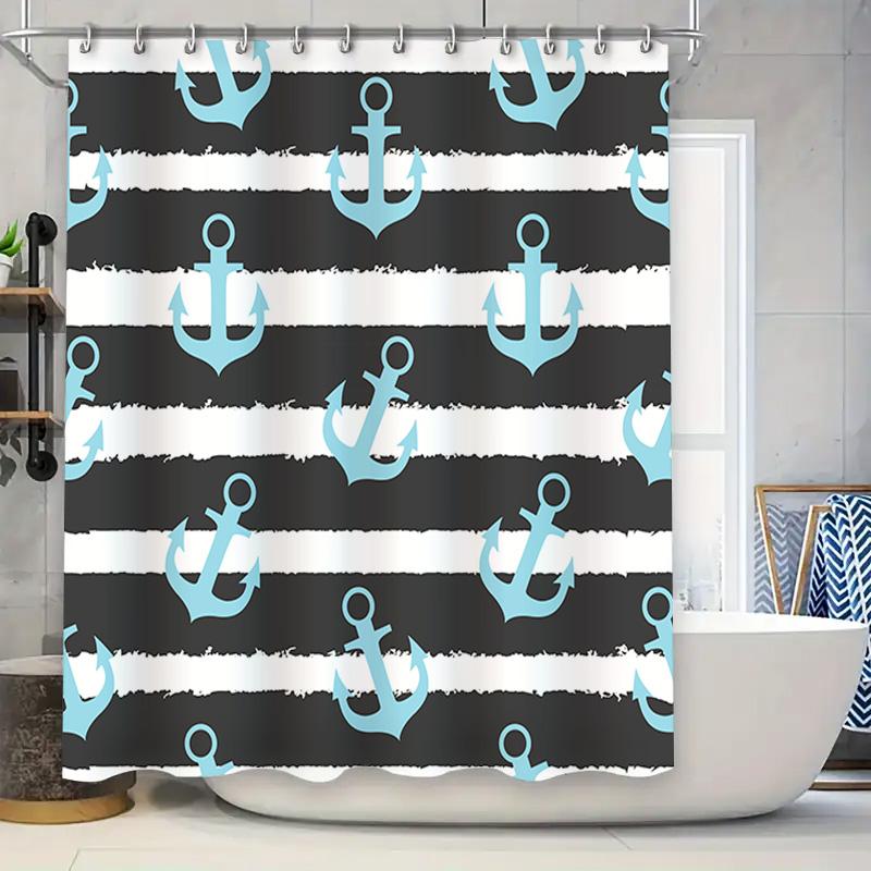 

Blue Anchor Bath Shower Curtain Striped Waterproof Fabric Decorative Bathroom Decor Navy Blue Black Stripe Printed Pattern 180 x 90x180cm