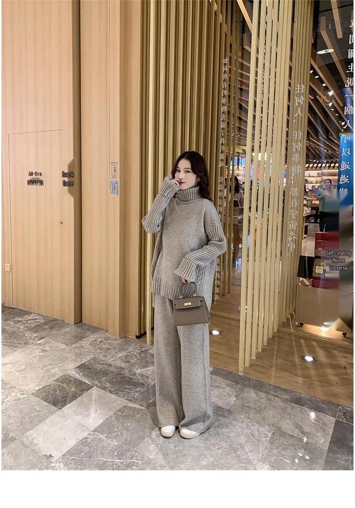 2021 Autumn/Winter Korean High Neck Slit Knitwear & Loose Wide-Leg Pants Two-Piece Set for Women