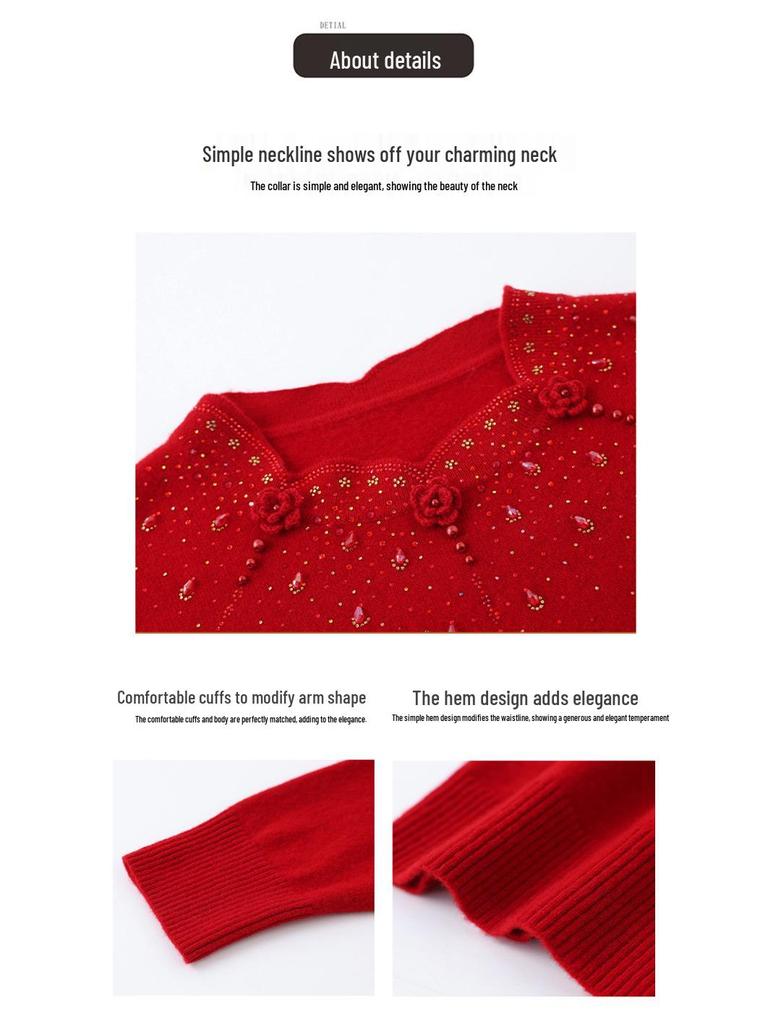 Year of the Rat Women's Thick Cashmere Sweater - Half-High Collar, Chinese Style, Plus Size, Red Winter Base Layer.