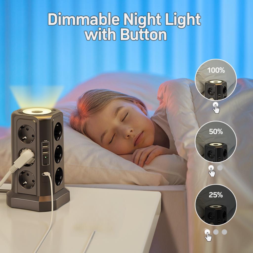 Eu Schwarzer Mehrfachsteckdosen-Überspannungsschutz 4000 W 16 A mit USB-Anschluss, Mehrfachstecker mit Nachtlicht, mit 1,8 m schwarzem Verlängerungskabel