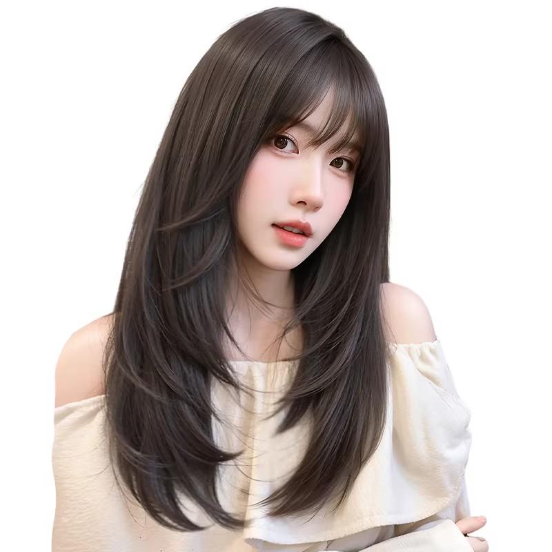 Damen-Vollperücke, Realistischer nahtloser unsichtbarer Ansatz, Fein geschnittenes hochgestuftes voluminöses langes glattes Haar