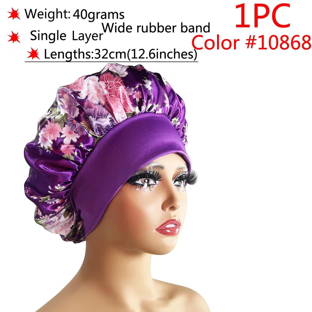 1 Stück Damen Satin Bonnet Elastisches breites Band Nachtschlafmütze Haarausfall-Abdeckung Kopfwickel Lockiges Federndes Haar Schönheit Chemo Cap Pflege