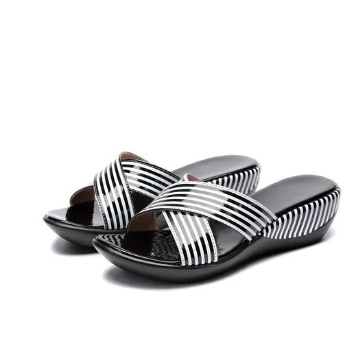 

Fashion GKTINOO Women Slipper s 2025 Ladies Summer Slippers Shoes Women Wedges Heels Striped Fashion Summer Shoes Geuine Leather 260