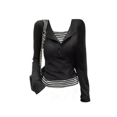 Tricouri de modă cu design nou pentru femei, guler pătrat, fals, două piese, cu dungi, cu mânecă lungă, tricouri subțiri, casual, retro american Y2K