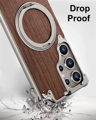 Eary Solid Wood Phone Case for Samsung Galaxy S25 S24 Ultra for Magsafe 360° Rotation Kickstand Frameless Protective Shells