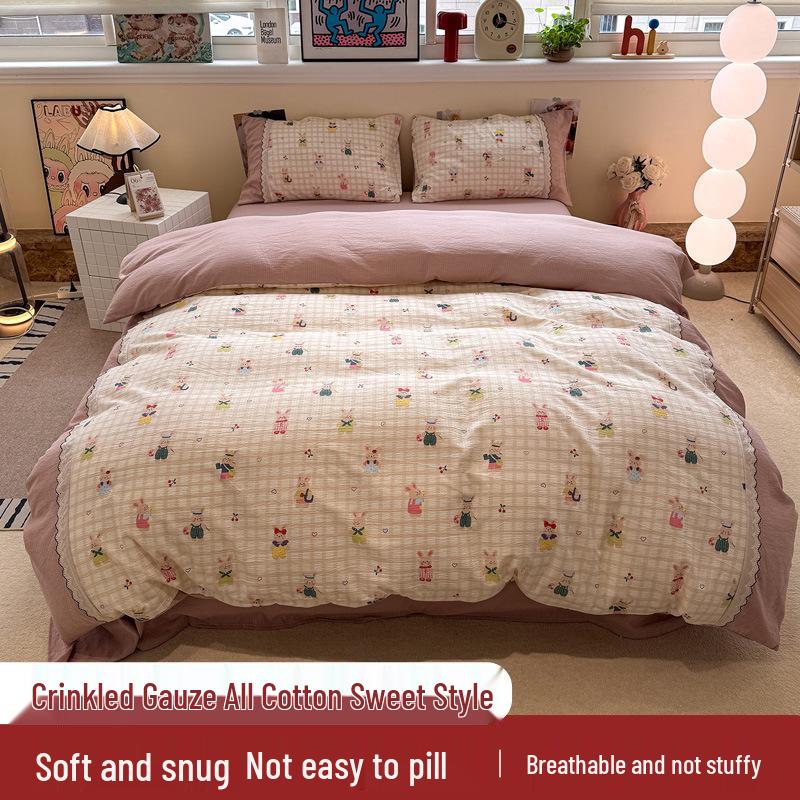 Korean Soft Crinkled Gauze Lace 4-Piece Bedding Set