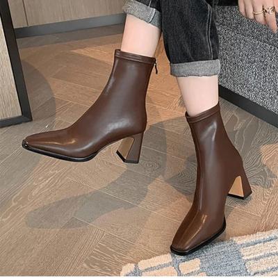 2024 New Fashion Solid Color Round Toe Lace-Up Thick Heel Women's Boots Back Zipper Fashion Boots Casual Zapatos De Mujer