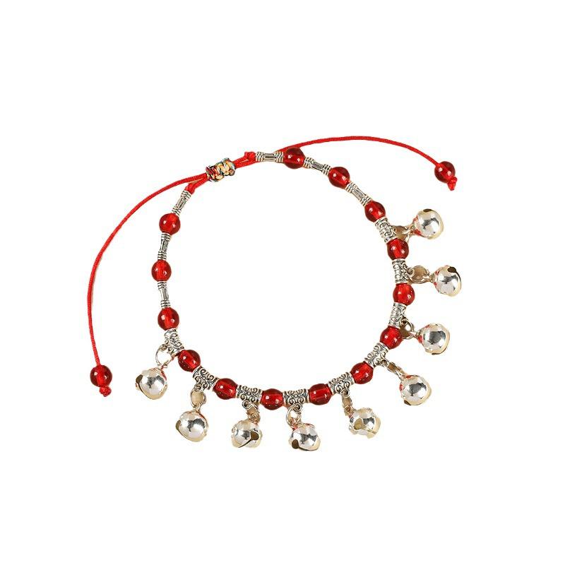Red Woven Crystal Anklet with Nine Bells - Retro Ethnic Style Tibetan Silver Women's Foot Chain