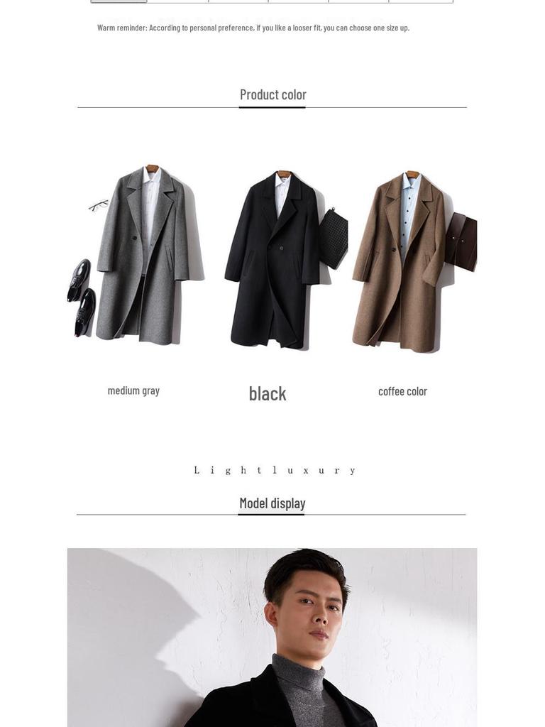 Men's Mid-Length Double-Faced Wool Cashmere Overcoat with Suit Collar