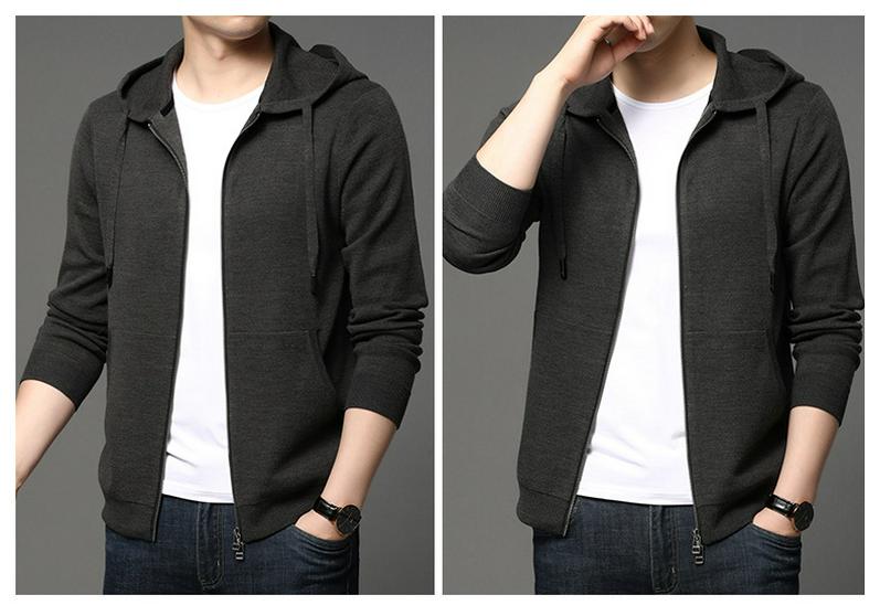 Men's Trendy Korean-Style Solid Color Zipper Hoodie - Long Sleeve Knit Cardigan