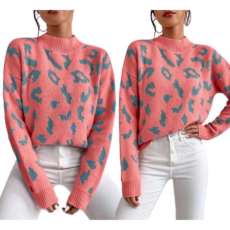 Women S Fashion Round Neck Long Sleeve Pullover Sweater Leopard Print