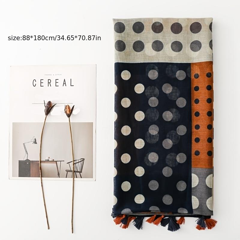 French-style vintage polka dot patchwork color-block scarf for women, holiday-style shawl, versatile tassel silk scarf