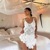 Sleeveless Hollow Out Lace Mini Short Dress Sexy Women Swimsuit Coverups Crochet Summer Beach Dress Slim U Neck Hollow Out Irregular Hem Mini