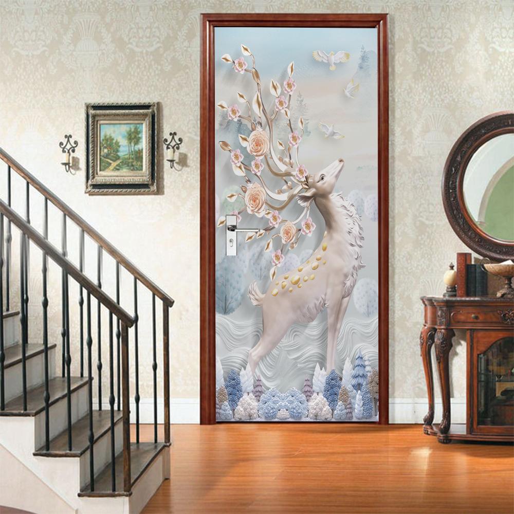 3D Door Mural Sticker Peel and Stick Door Wallpaper Golden Buddha Castle Moon Mermaid Flower Home Decor Removable