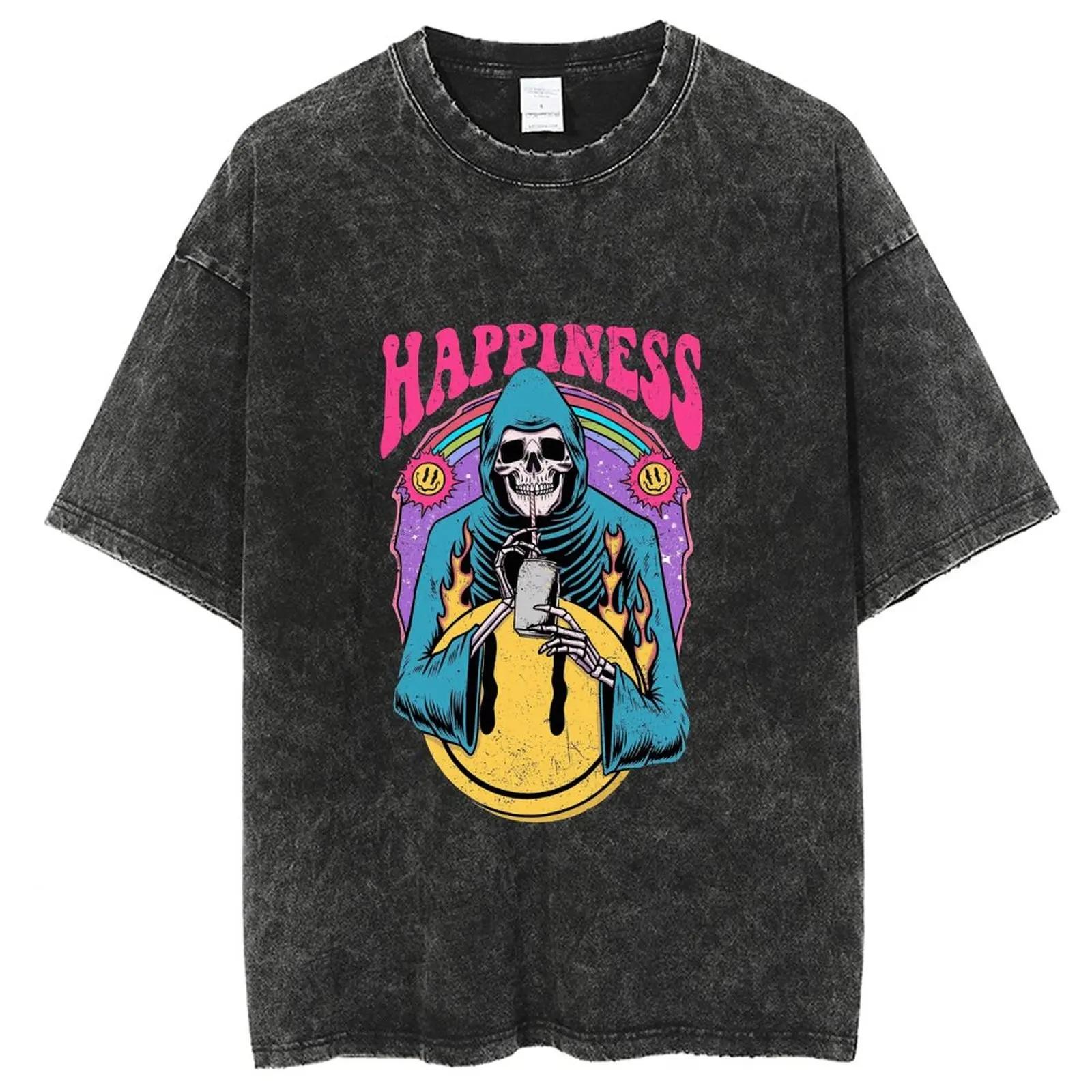 Harajuku Washed T Shirts For Unisex, New Skull Man Graphic T Shirt, Y2k Hip Hop T-shirt, Vintage Denim Shirts Oversized Tops Men S