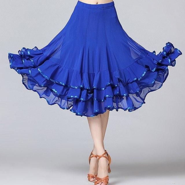 Woman Solid Ballroom Waltz Dance Ruffles Skirt Modern Tango Skirt Medium Length Dance Skirts