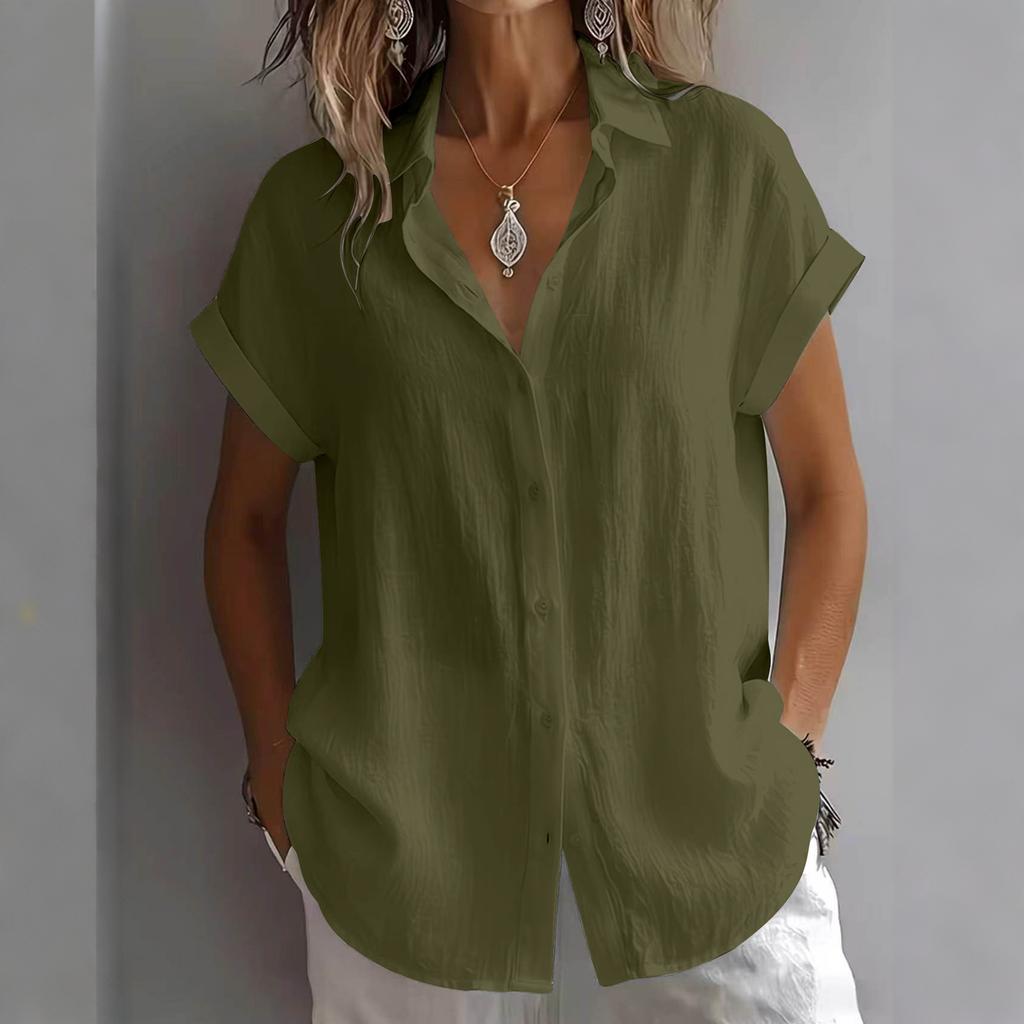 Women's Color Short Sleeve Button Down Shirt - Loose Fit Turn-Down Collar Blouse for Casual Daily Wear