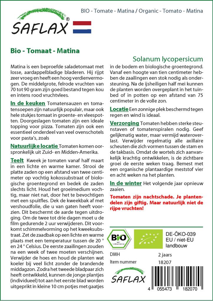 SAFLAX Organic - Tomato - Matina - 10 Seeds - With Potting Substrate for Better Cultivation - Solanum Lycopersicum