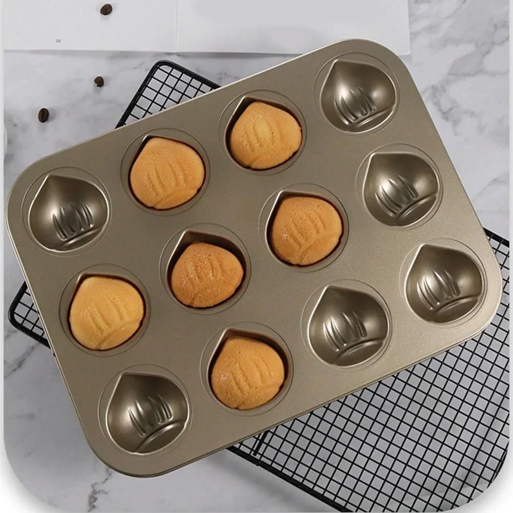 12 Cavity Chestnut Shaped Cake Pan Carbon Steel Non Bakeware for Oven Baking Pastry with Heat Resistant Coating