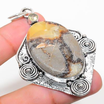 Natural Septerian Stone, Citrine Gemstone 925 Sterling Silver Pendant 2.84" J6V93