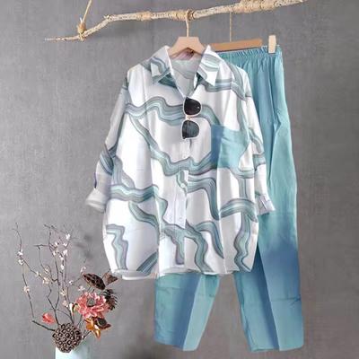Conjunto de dos piezas a rayas para mujer Yousheng, camisa de manga larga con solapa y botones, conjunto de blusa y pantalones, chándal casual de verano