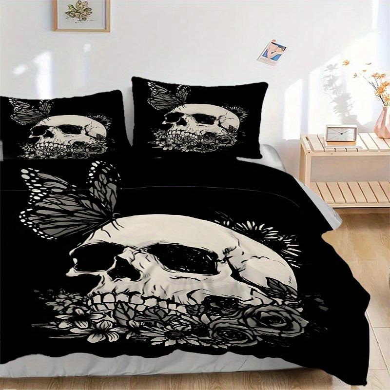 3pcs Skull Flowers Bedding Cover Set, Fashion Classic Popular Print Bedding Set, Soft Comfortable, All - Season Use, For Bedroom, Guest Room106