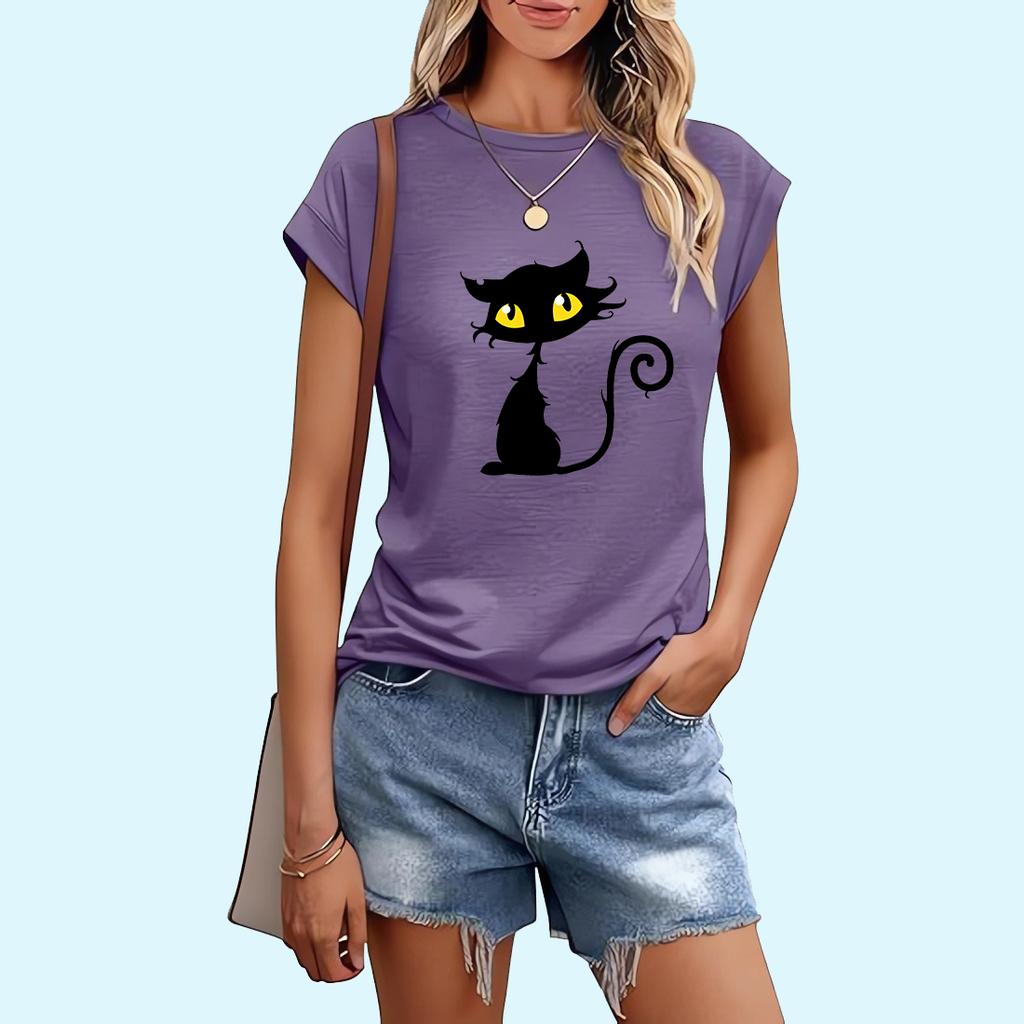 Women Fashion Cat Print T-shirt Sring&summer Casual Ladies Round Collar Tee Shirt