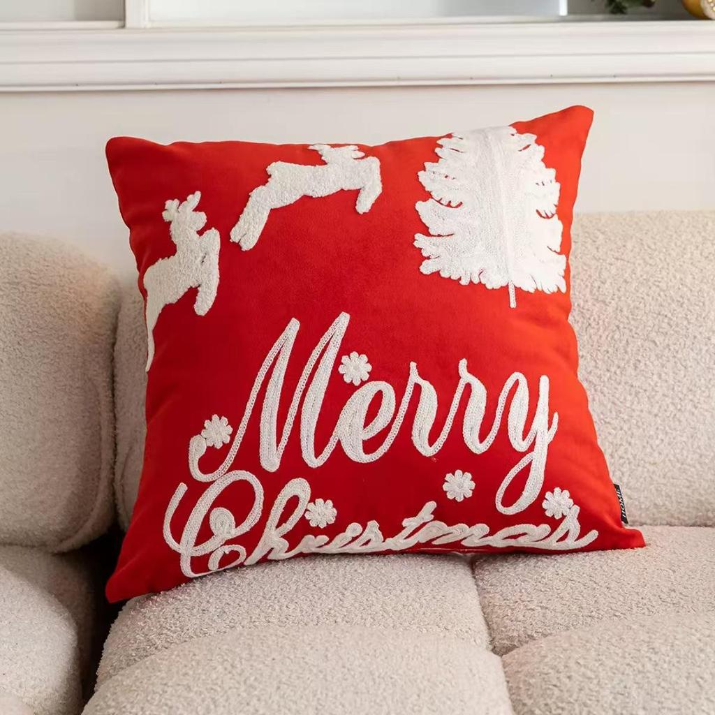 Christmas Embroidery Candy Cane & Santa Hat Tufted Throw Pillow Cover