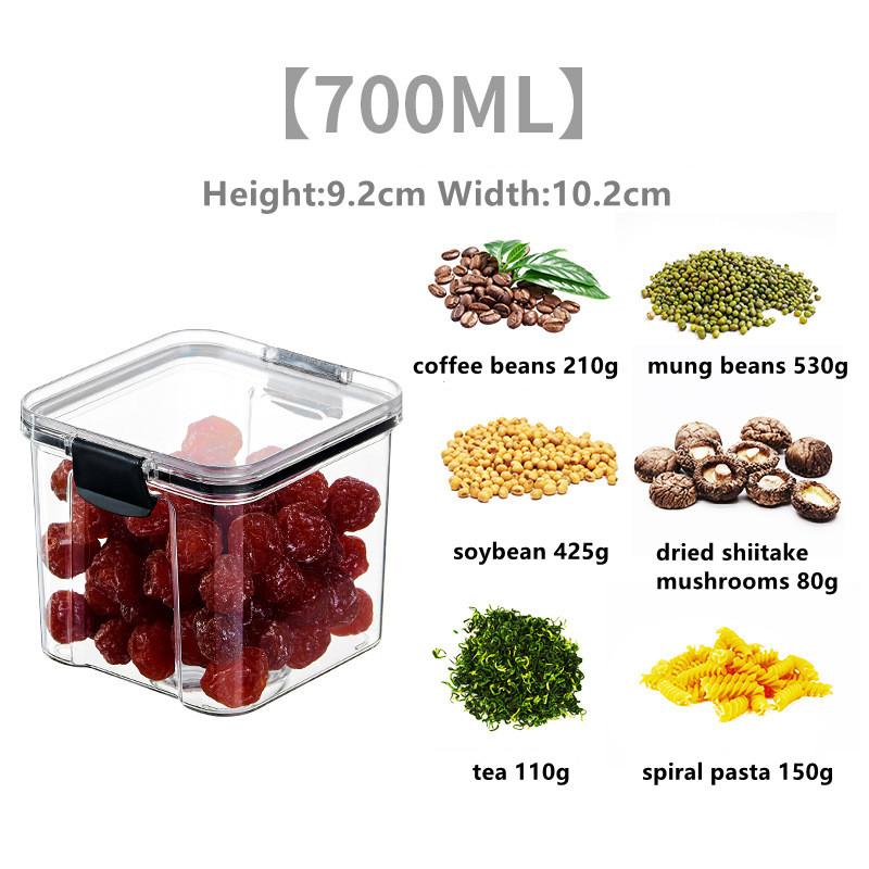 Scatola per la conservazione degli alimenti in barattolo sigillato di 5 dimensioni. Serbatoio multicereali in plastica trasparente. Organizzatore da cucina per barattoli sigillati essiccati impilabili