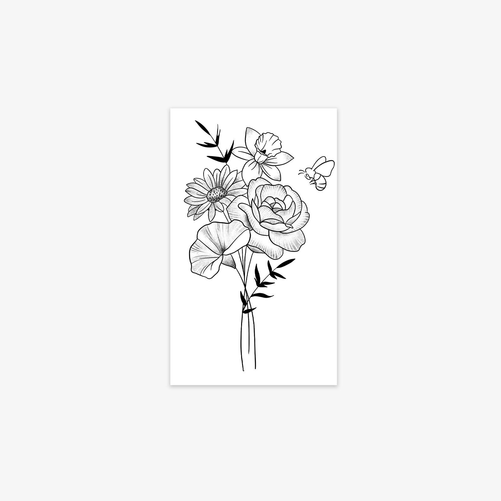Premium Sense Small Fresh Simple Roses Daisies Bees Bouquet Tattoo Stickers 6*10