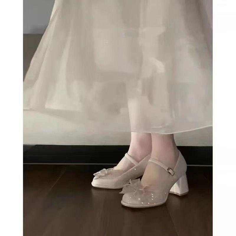 Round Head Thick Heel Mary Jane Women's Shoes 2024 New One-word with Sparkling Bow Fairy High Heels Spring Wedding Shoes