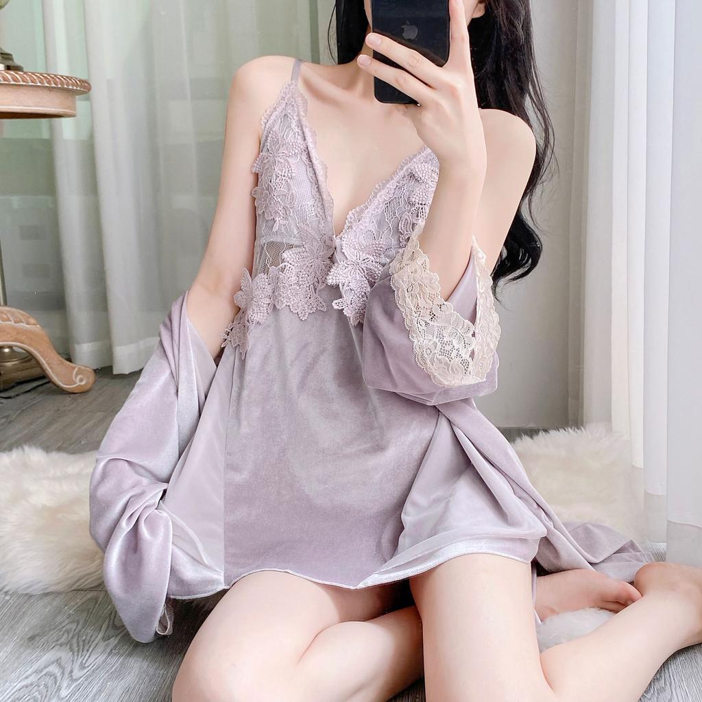 Yase [Gorgeous Flowers] New velvet nightdress women's exquisite lace heavy industry design hanging skirt with chest pad set