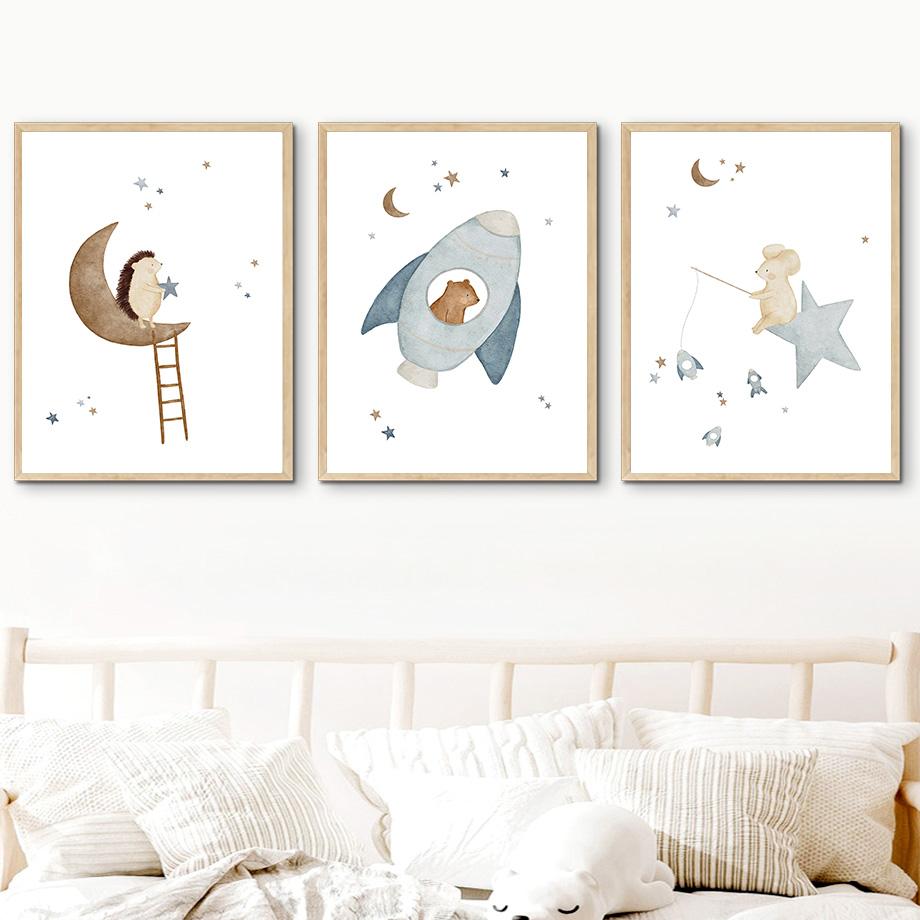 Boho Space Rocket Bear Rabbit Hedgehog Bee Flowers Nursery Posters Wall Art Print Canvas Painting Baby Kids Room Home ation