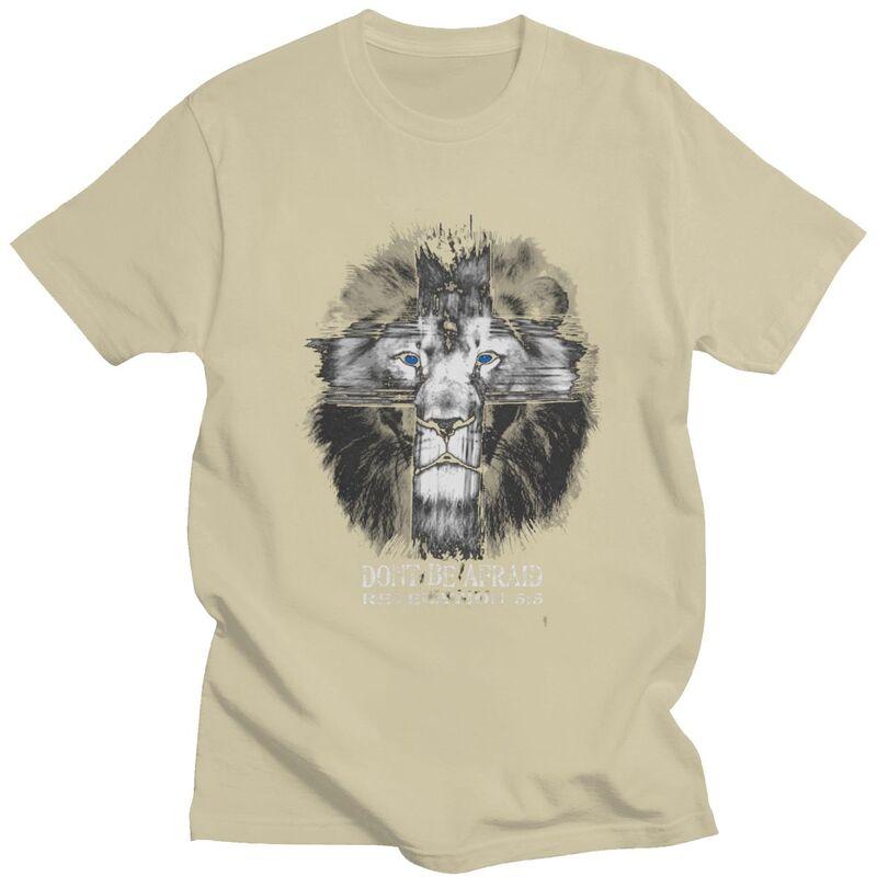 Custom Mens Cool Lion Of Judah Jesus Cross T Shirts Short Sleeves Cotton Tshirt Casual Christian Faith Tees Loose Fit Clothing