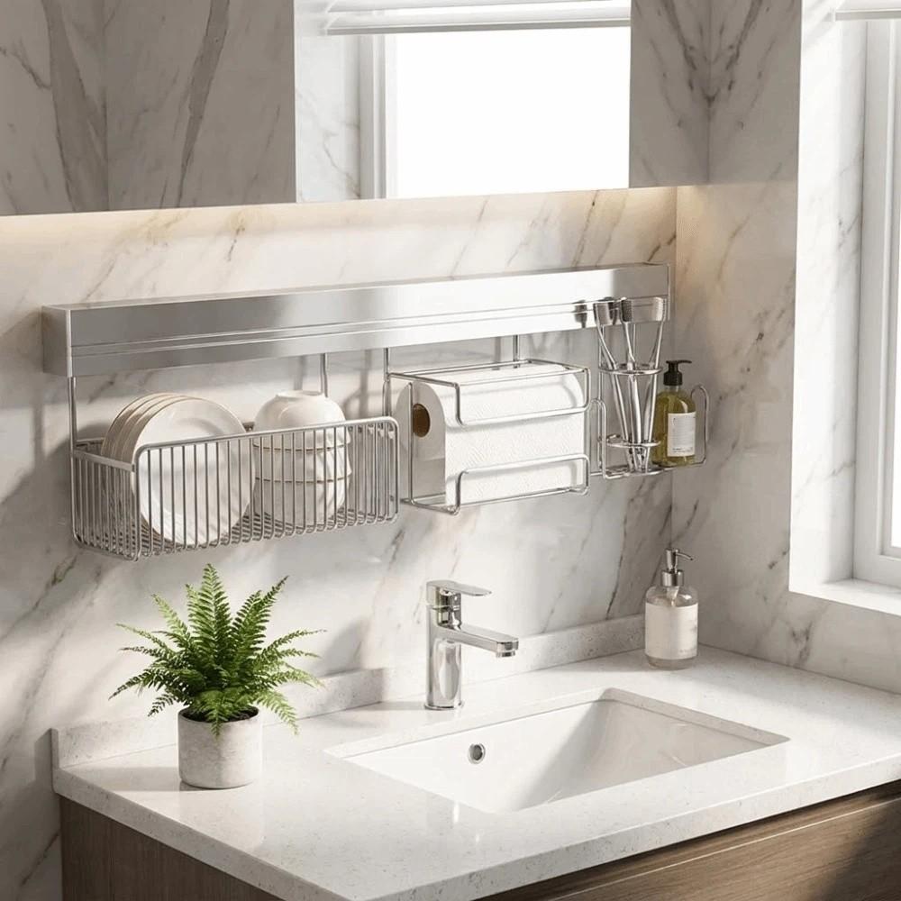 Stainless Steel Punch-free Wall Storage Rack Wall Mounted Toothbrush Holder Bathroom