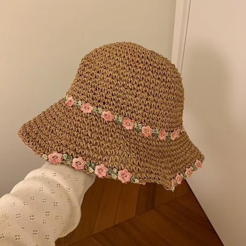 Sweet bow embroidered straw hat women's seaside vacation fisherman's hat children's summer hollow breathable straw visor