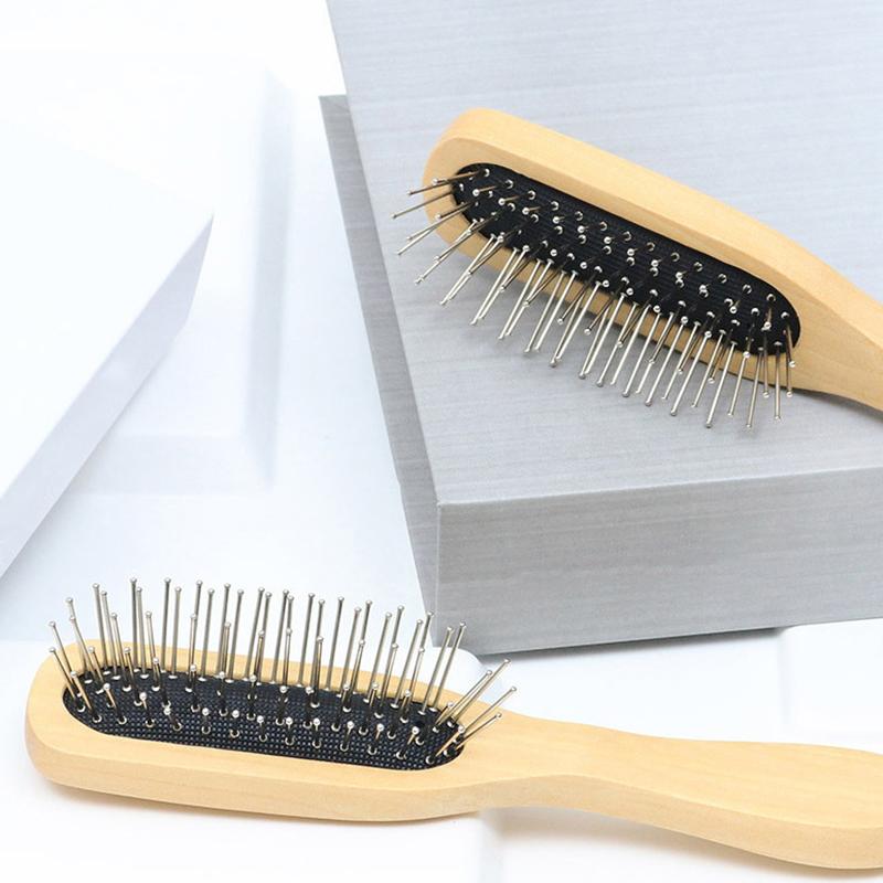 Natural Wood Comb Steel Metal Hair Brush Portable Wooden Air Cushion Comb Scalp Detangler Hair Comb Salon Styling Hair Tools