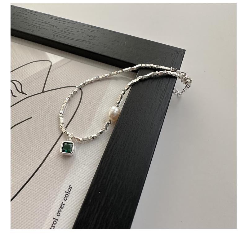 S925 Sterling Silver Korean Fashion Green Zircon Necklace & Handmade Bracelet Set - Trendy Clavicle Chain.