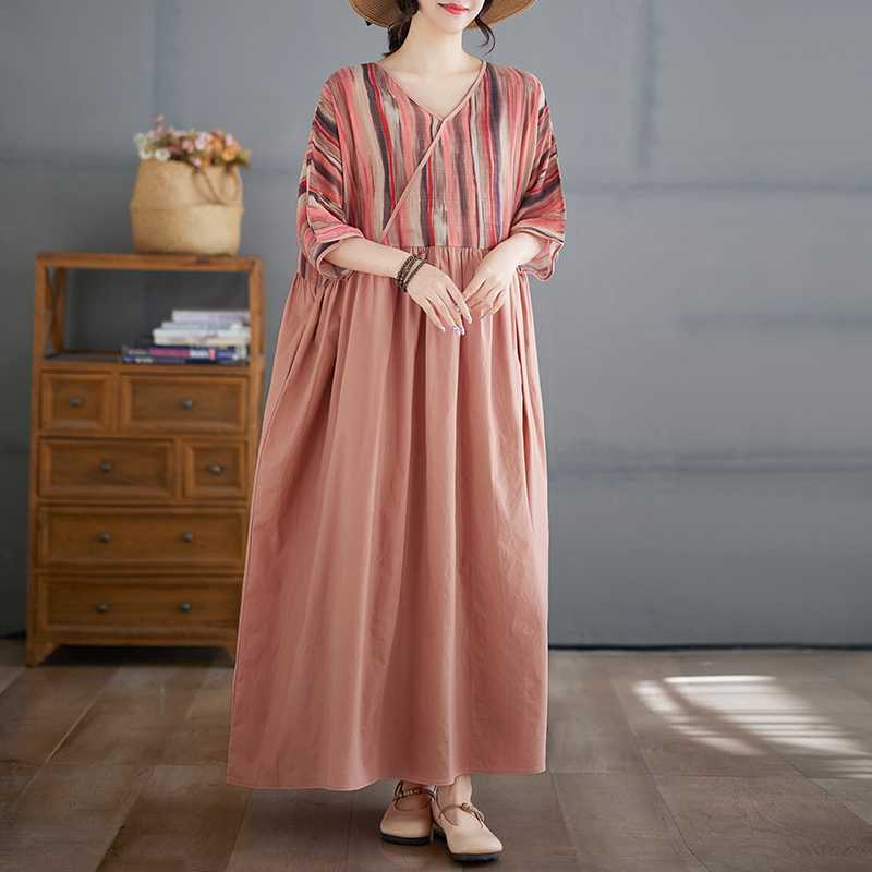 Algodón y Lino Verano Patchwork Estilo Retro Vestido Falda Larga