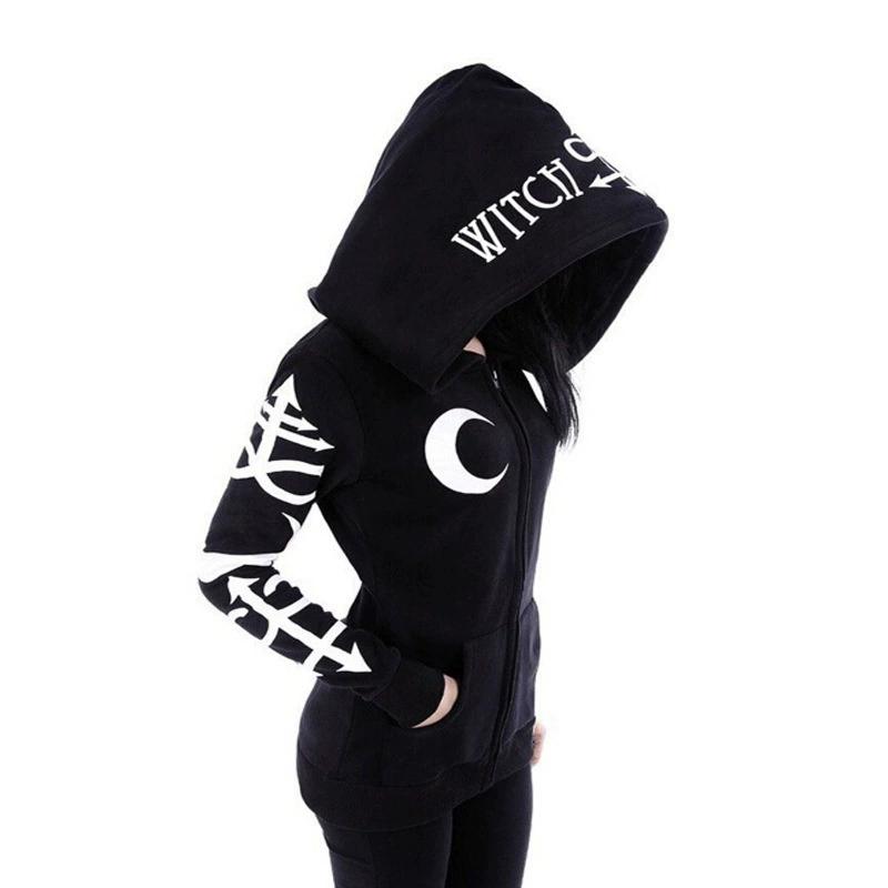 Cool Women's Fashion Cosplay Coat Hooded Jacket Print Gothic Punk Long Sleeve Witch Moon Hoodie Zipper Hoodies Plus