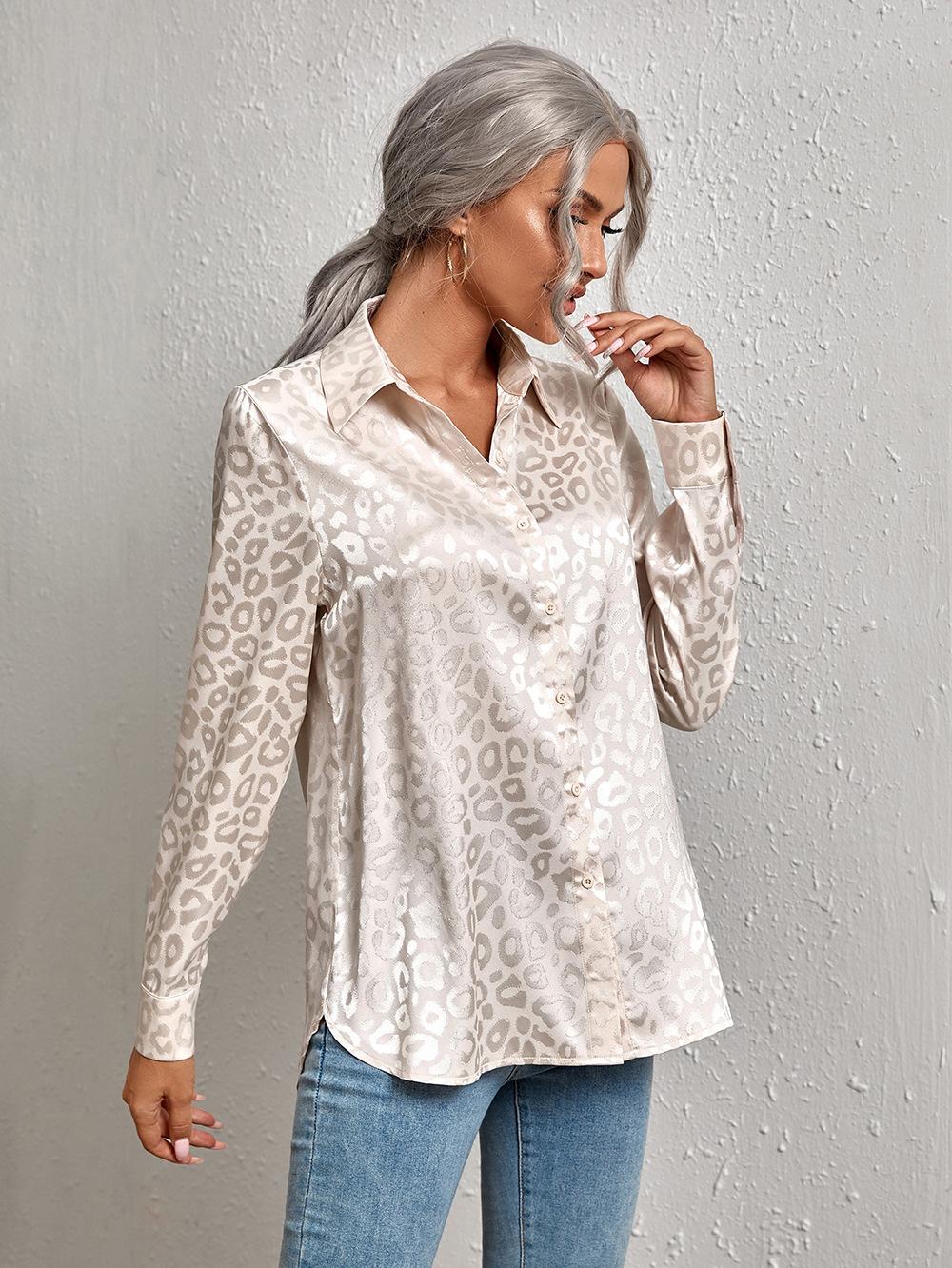 

Women s Long Sleeve Button Down Shirt Jacquard Leopard Print Collared Blouse Lightweight Casual Top XXL бежевый