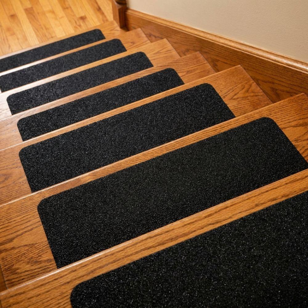 6Pcs Black Frosted Self‑Adhesive Stair Tread Mat Pre-Cut Self-Stick Stair Grip Tape Strips Waterproof Wear-Resistant