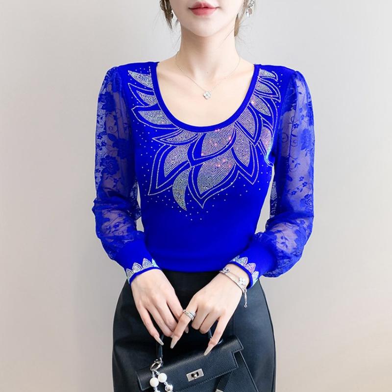Spring Autumn Women's Hotfix Rhinestone Flower Lace Sleeve Patchwork T-Shirt Elegant Full Sleeve Tees Slim Ladies Tops