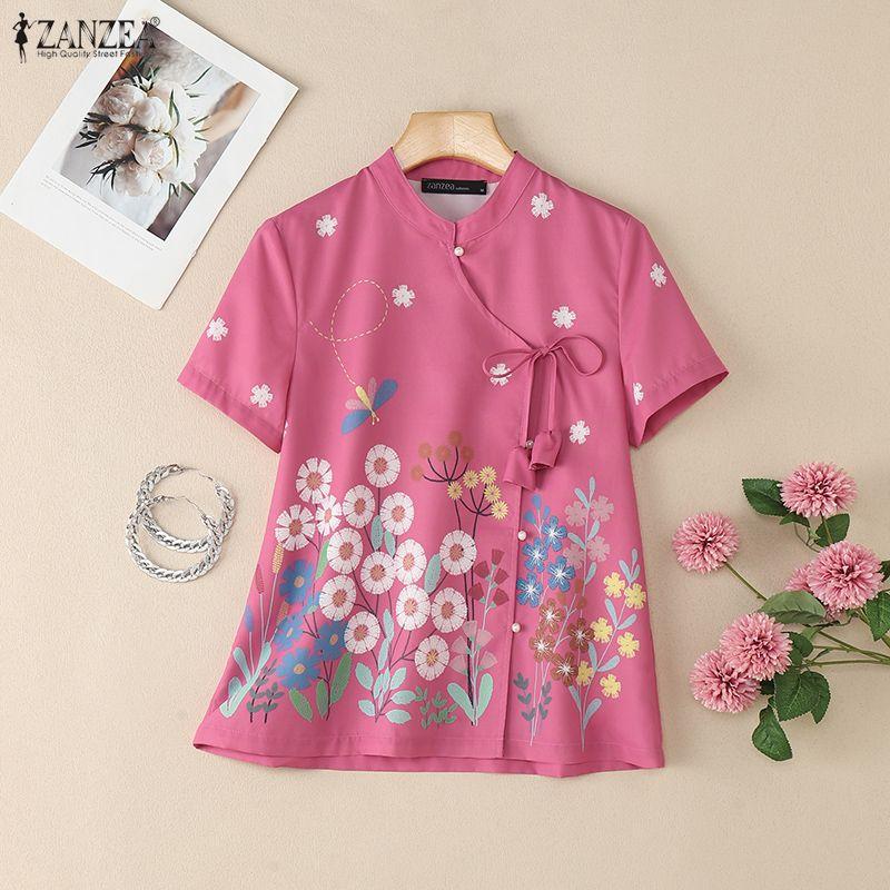 ZANZEA Women Summer Floral Print Casual Short Sleeve Lace Up Blouse