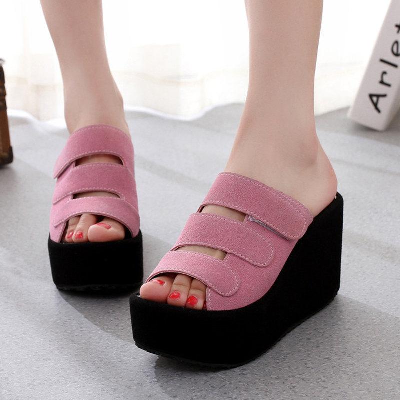 Women Platform Slippers Super High Heel Black Fish Mouth Open Toe Wedges Fashion Shoes Women Non-slip Casual Slides Zapatos