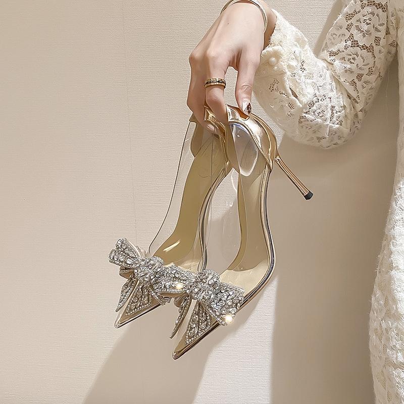 2025 Fashion Sliver Rhinestone Bow PVC Transparent Women Pumps Autumn Stiletto High Heels Sexy Bride Party Wedding Dress Shoes