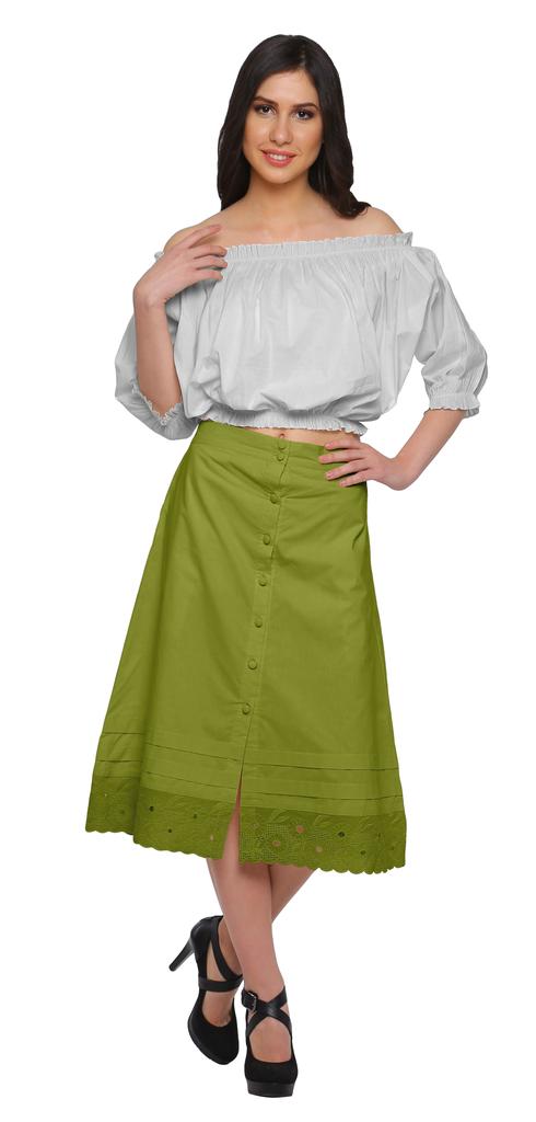 Moomaya Solid Cotton Skirts For Women Button Down A-Line Knee Length Skirts