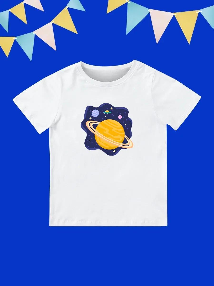 Round Neck Printed Pattern Pullover Short Sleeve Kids Tops Outer Space 130
